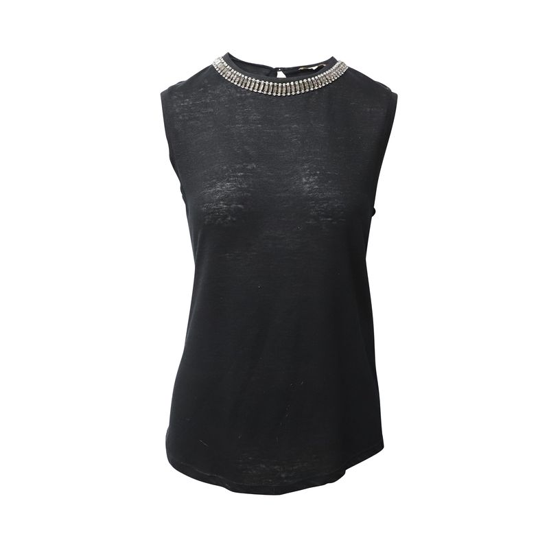 Maje Embellished Neckline Sleeveless Top In Black Linen